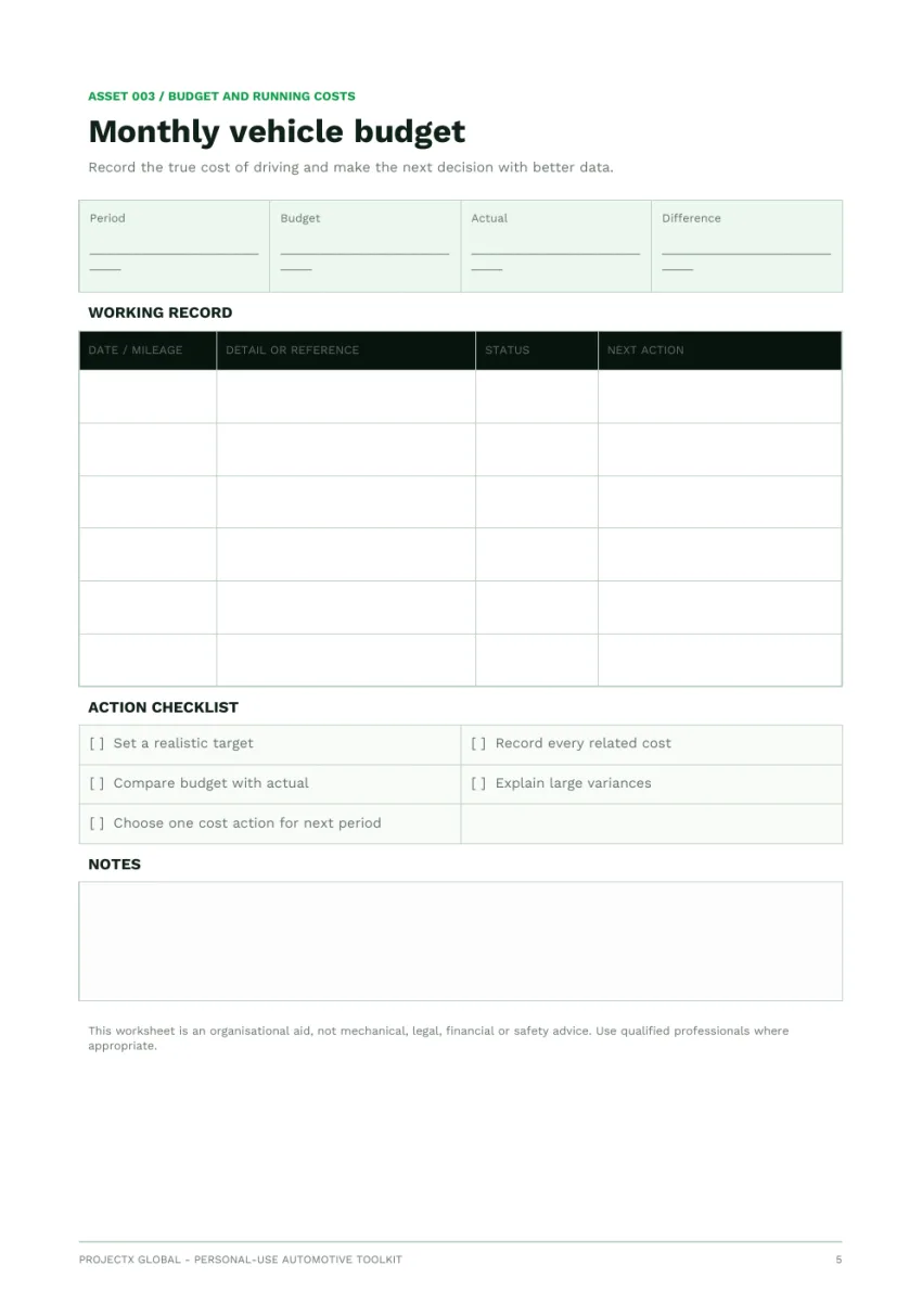 Monthly vehicle budget worksheet preview