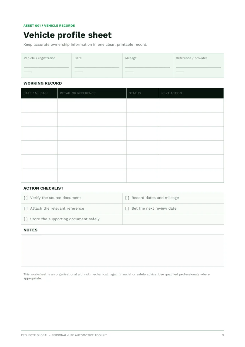 Vehicle profile worksheet preview
