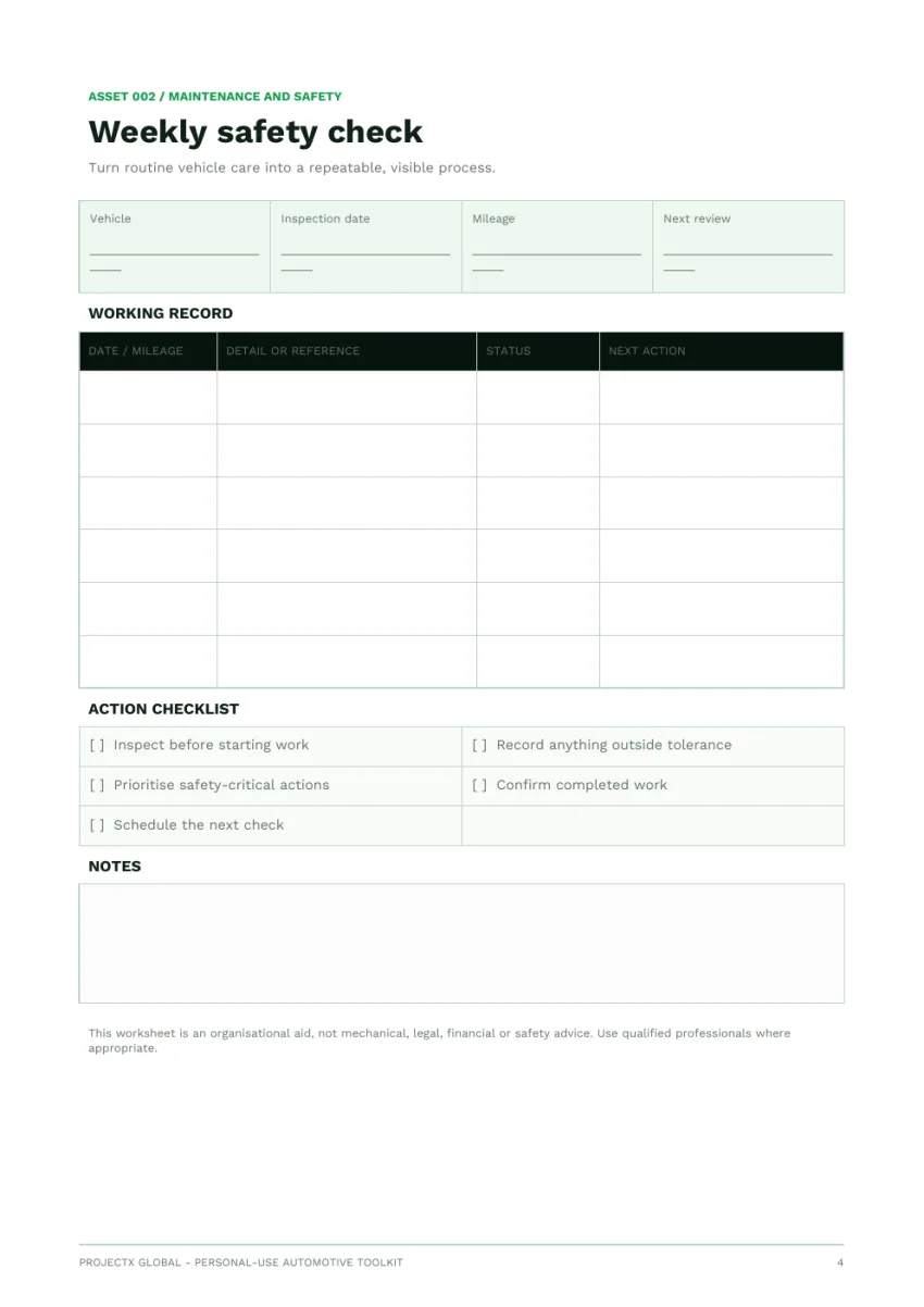 Weekly vehicle safety checklist preview